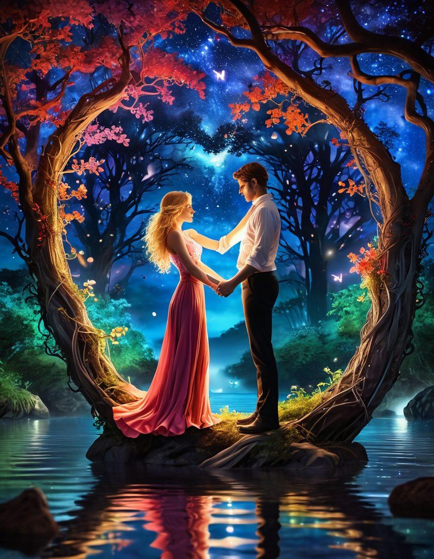 A passionate couple entwined in a romantic embrace, surrounded by a dreamlike landscape filled with surreal elements like floating hearts and vibrant stars. Soft, warm lighting highlights their exotic attire, suggesting a world of fantasy and adventure. In the background, a mystical forest leads into a shimmering sea, indicating an enchanting journey of erotic exploration. whimsical art style. vibrant colors. 3D.